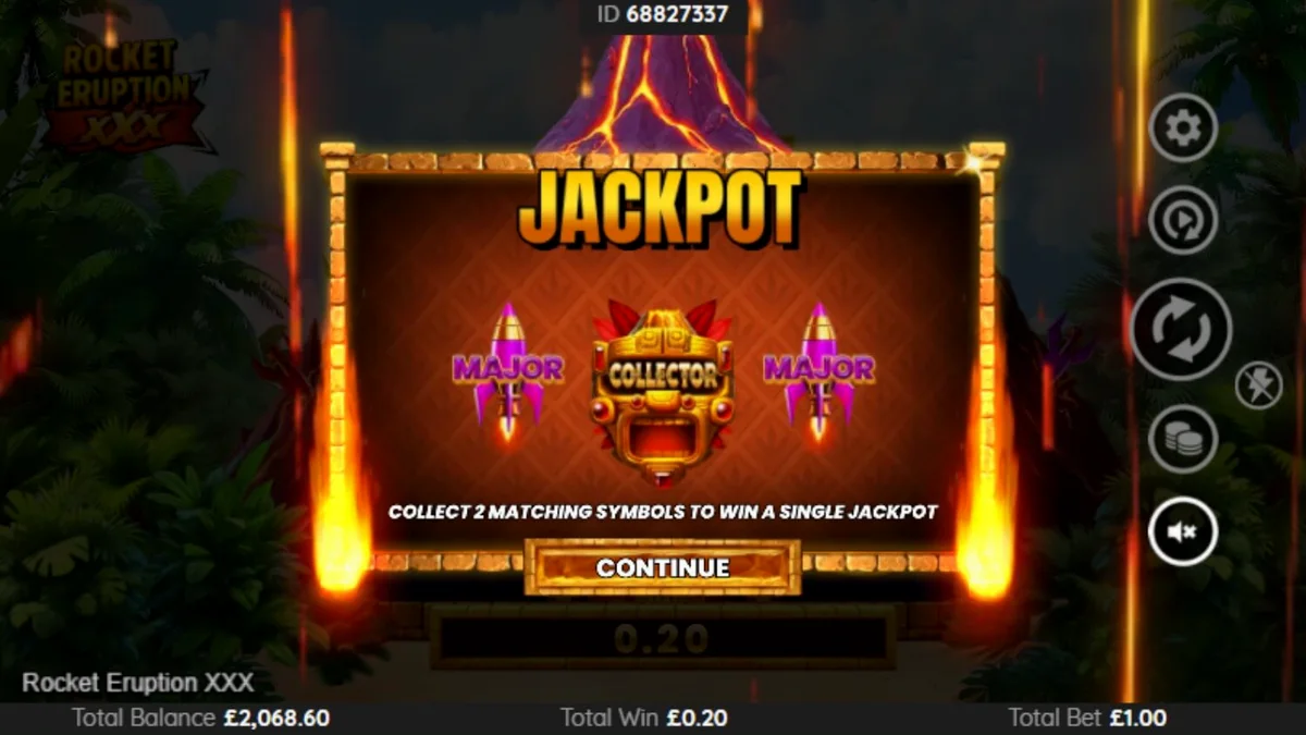Tampilan visual slot Rocket Eruption XXX dengan tema gunung berapi dan neon retro
